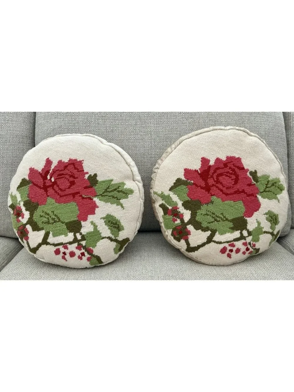 Vintage Handmade Needlepoint Rose Round Pillow Cushions Pair Velvet Back 12in